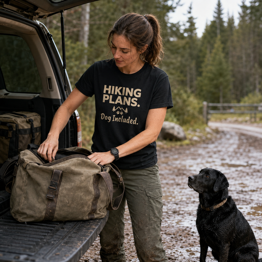 Woman in "Hiking Plans. Dog Included." shirt packs bag next to a black dog.