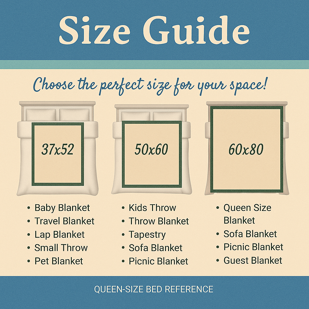 Size guide for blankets with dimensions and types on a beige and blue background