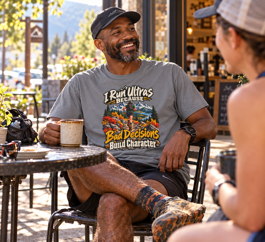 I Run Ultras Because Bad Decisions Build Character T-Shirt -Blue Jean - Sloth & Duck