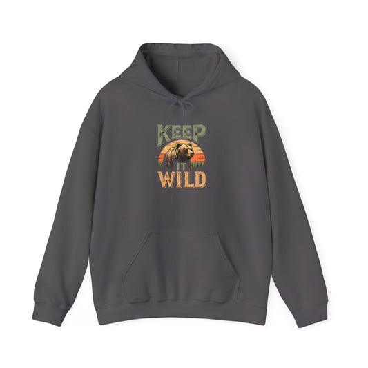 "Keep It Wild" Retro Sunset Grizzly Hoodie - Charcoal - Sloth & Duck
