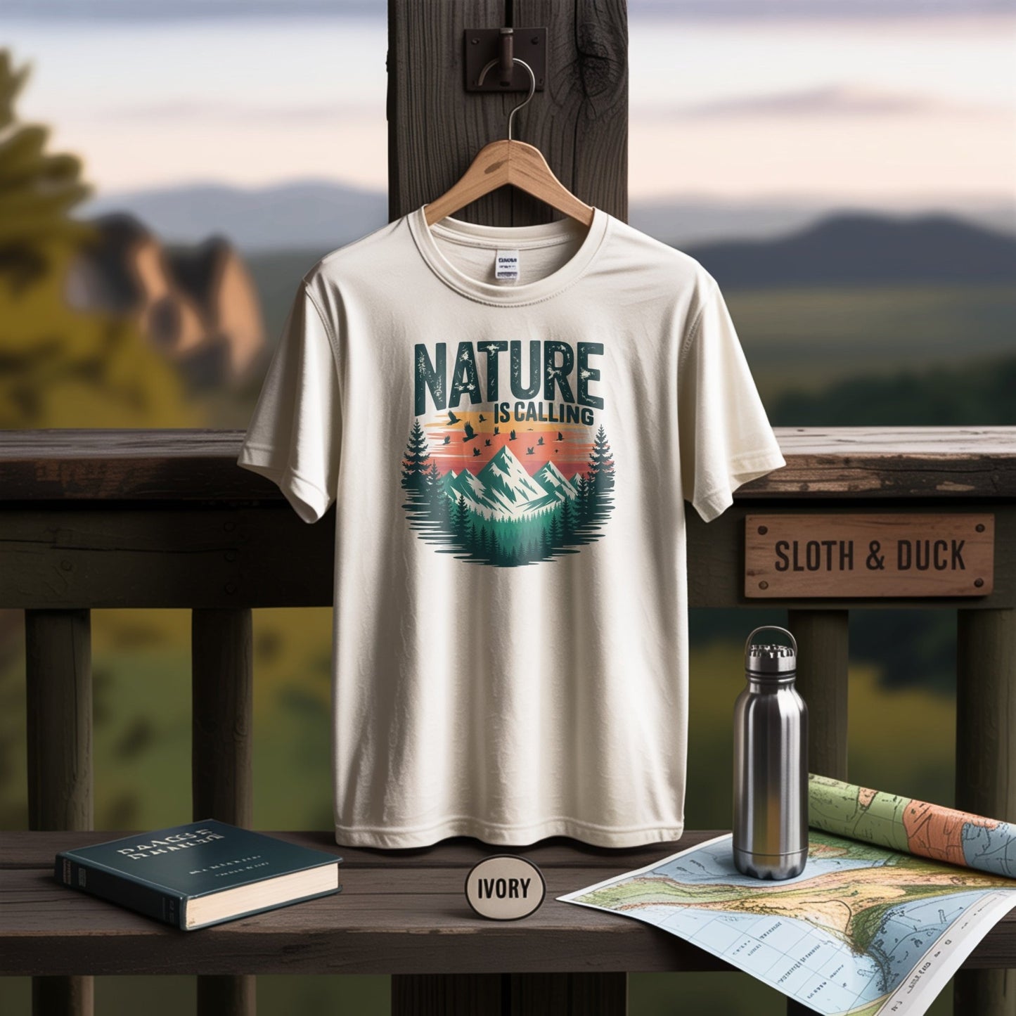 "Nature is Calling" Retro Sunset T-Shirt - S - Sloth & Duck