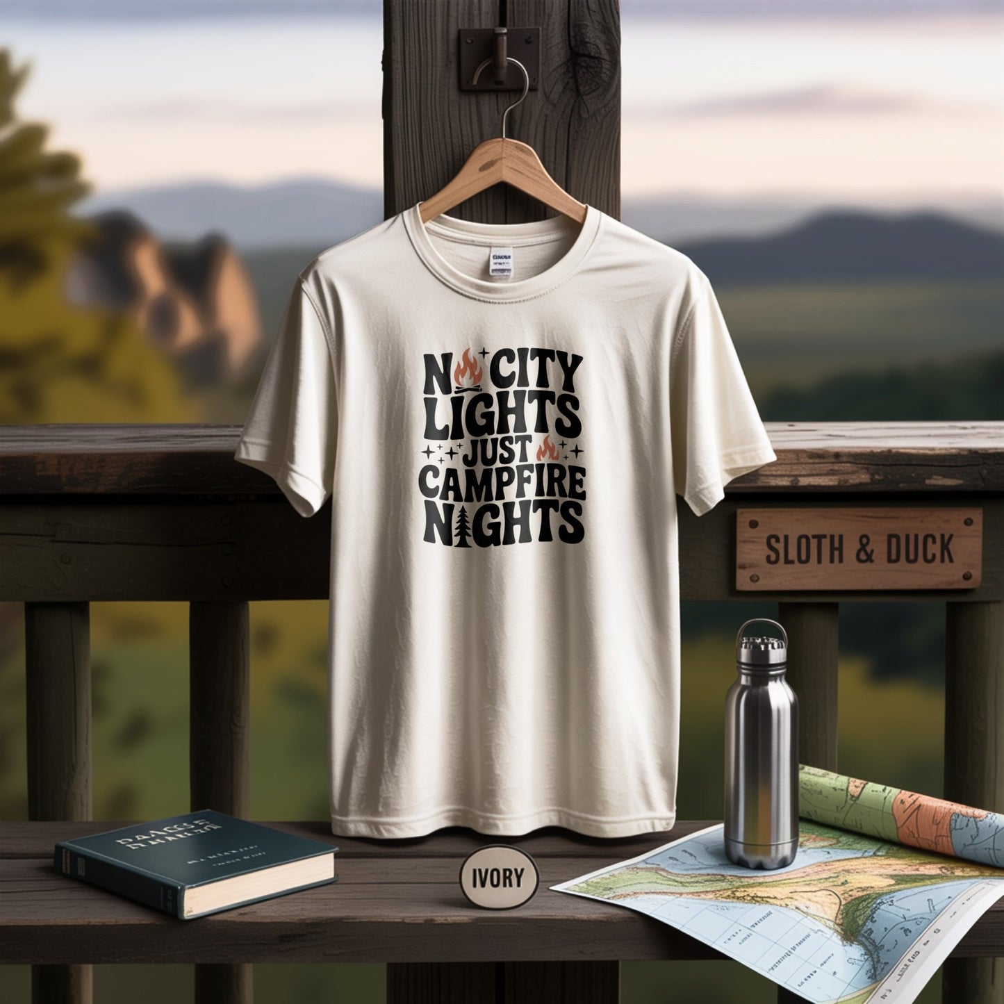 "No City Lights, Just Campfire Nights" T-Shirt - S - Sloth & Duck