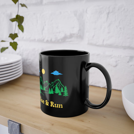rise and shine mountain graphic black coffee mug side view
