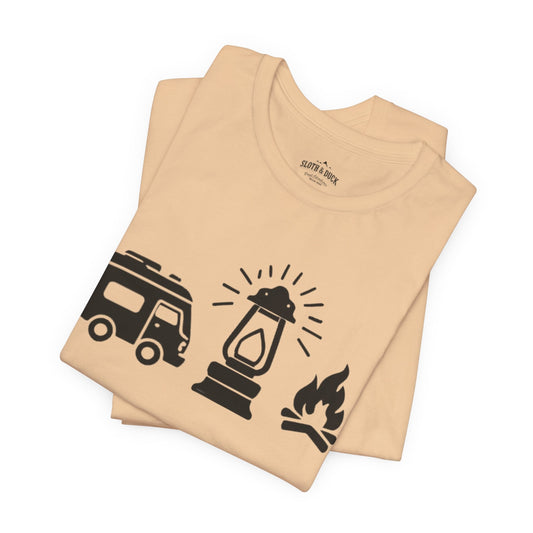 "RV. Lantern. Campfire." Graphic T-Shirt - Sand Dune - Sloth & Duck