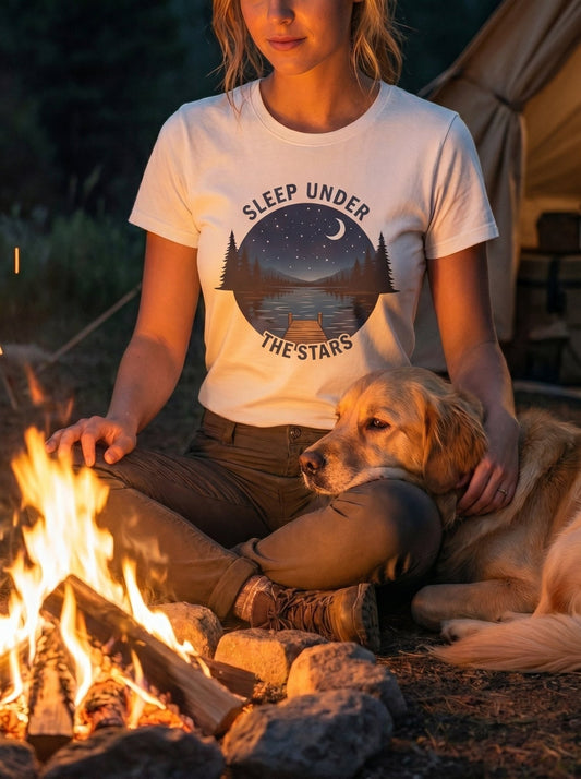 Sleep Under The Stars Camping T-Shirt | Lake Night Sky Outdoor Tee - S - Sloth & Duck