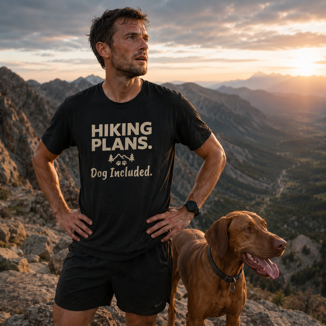 Man in black t-shirt with "Hiking Plans. Dog Included." text, standing with dog.