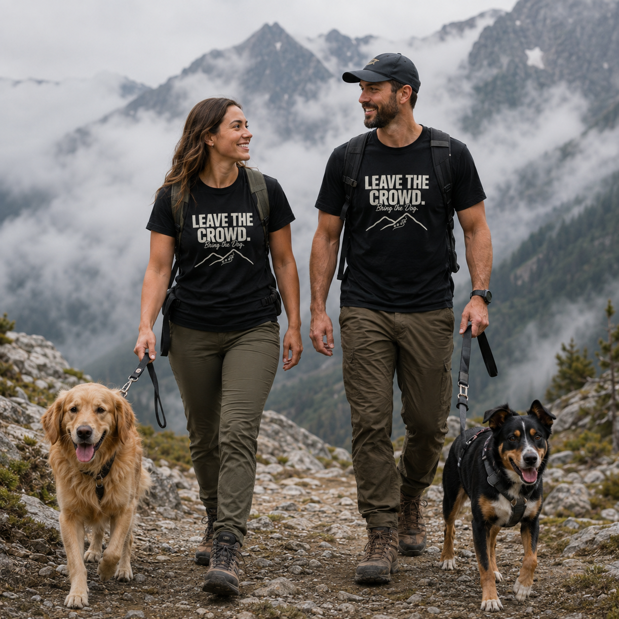 Couple with dogs hiking in mountains wearing black t-shirts with white text.