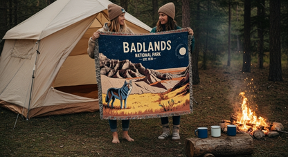 Two people holding a 'Badlands National Park' blanket in front of a tent and campfire.