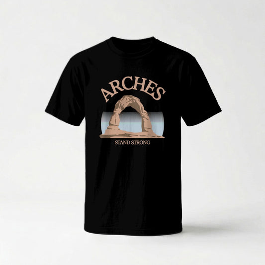 Black t-shirt with Arches National Park logo and Delicate Arch.