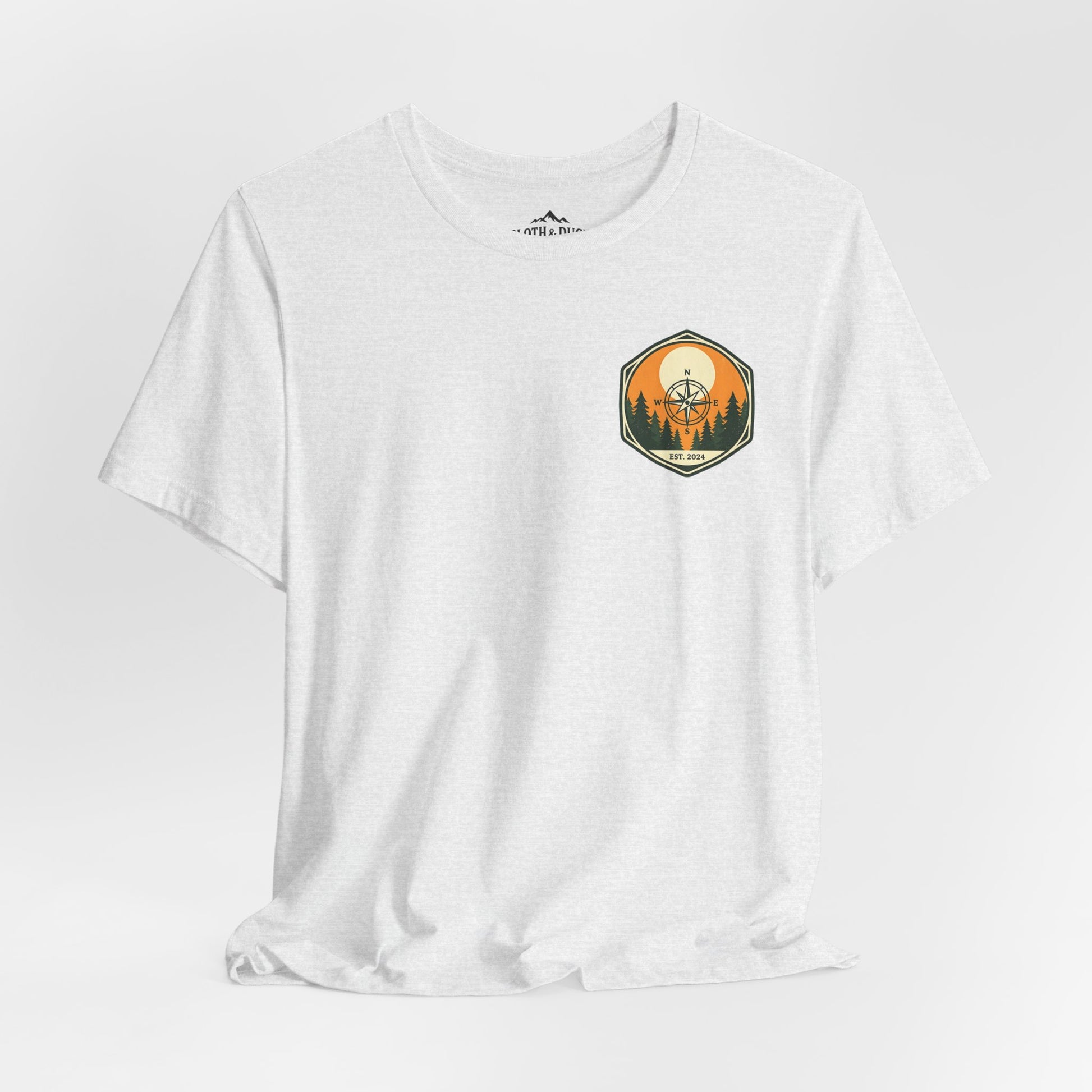 White t-shirt with a graphic design on a white background