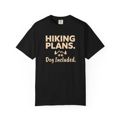 Black t-shirt with "Hiking Plans. Dog Included." text and mountain/paw print graphic.
