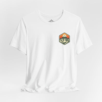 White t-shirt with a colorful graphic on a white background