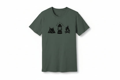 A green unisex T-shirt with a graphic design depicting a tent, lantern, and campfire on the front.