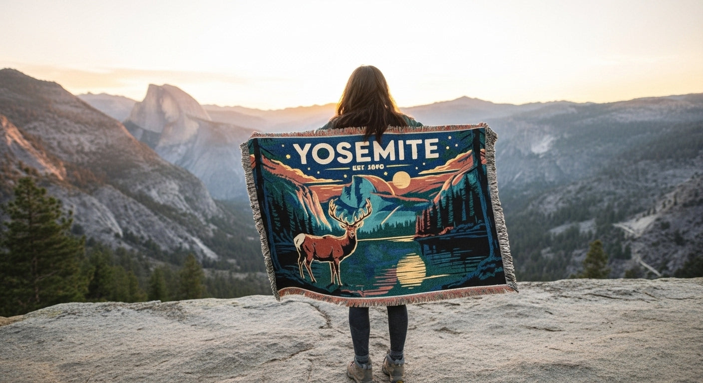 Person holding a Yosemite-themed blanket with mountains in the background