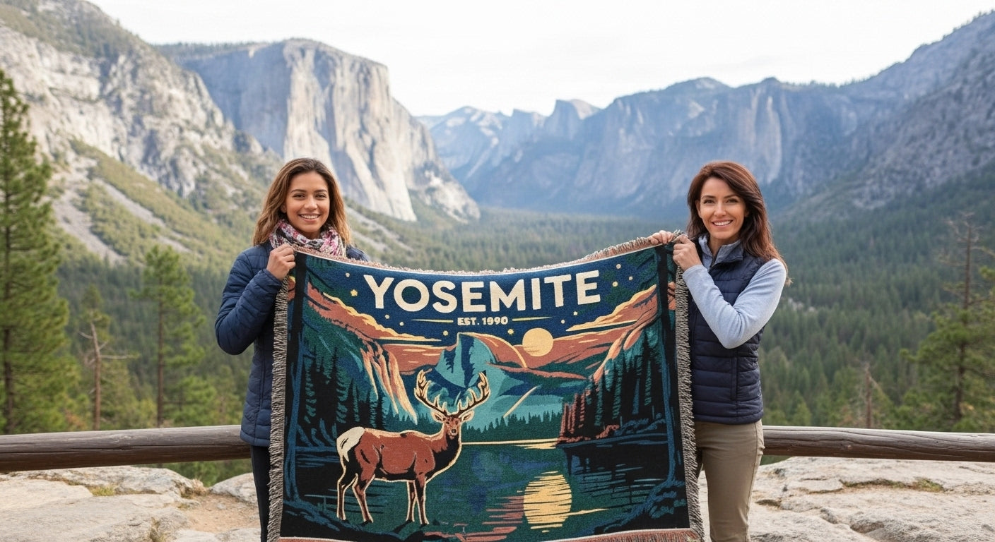 Two people holding a Yosemite-themed blanket with mountains in the background