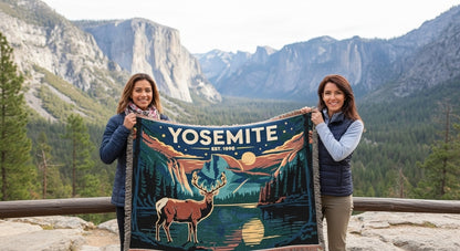 Two people holding a Yosemite-themed blanket with mountains in the background