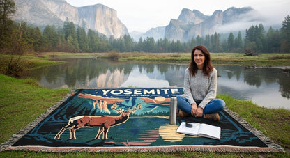 Woman sitting on a Yosemite-themed rug with a scenic background