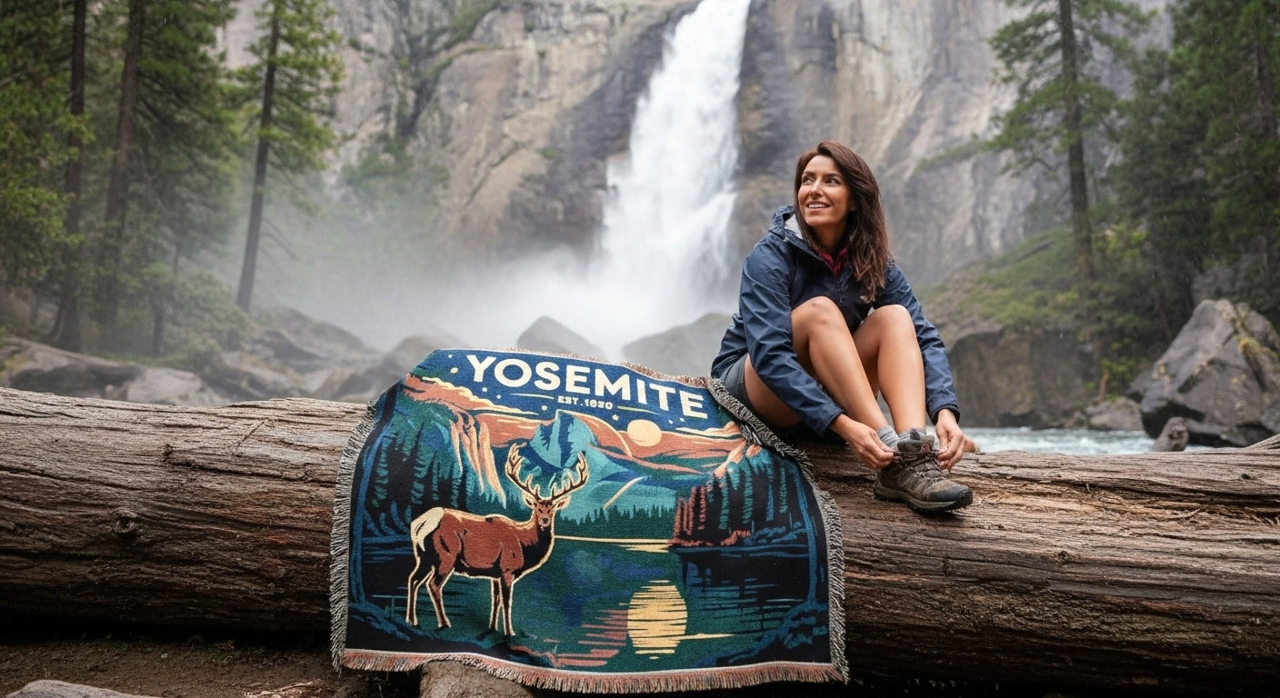 Woman sitting on a log with a 'Yosemite' blanket featuring a deer design, surrounded by a natural landscape.