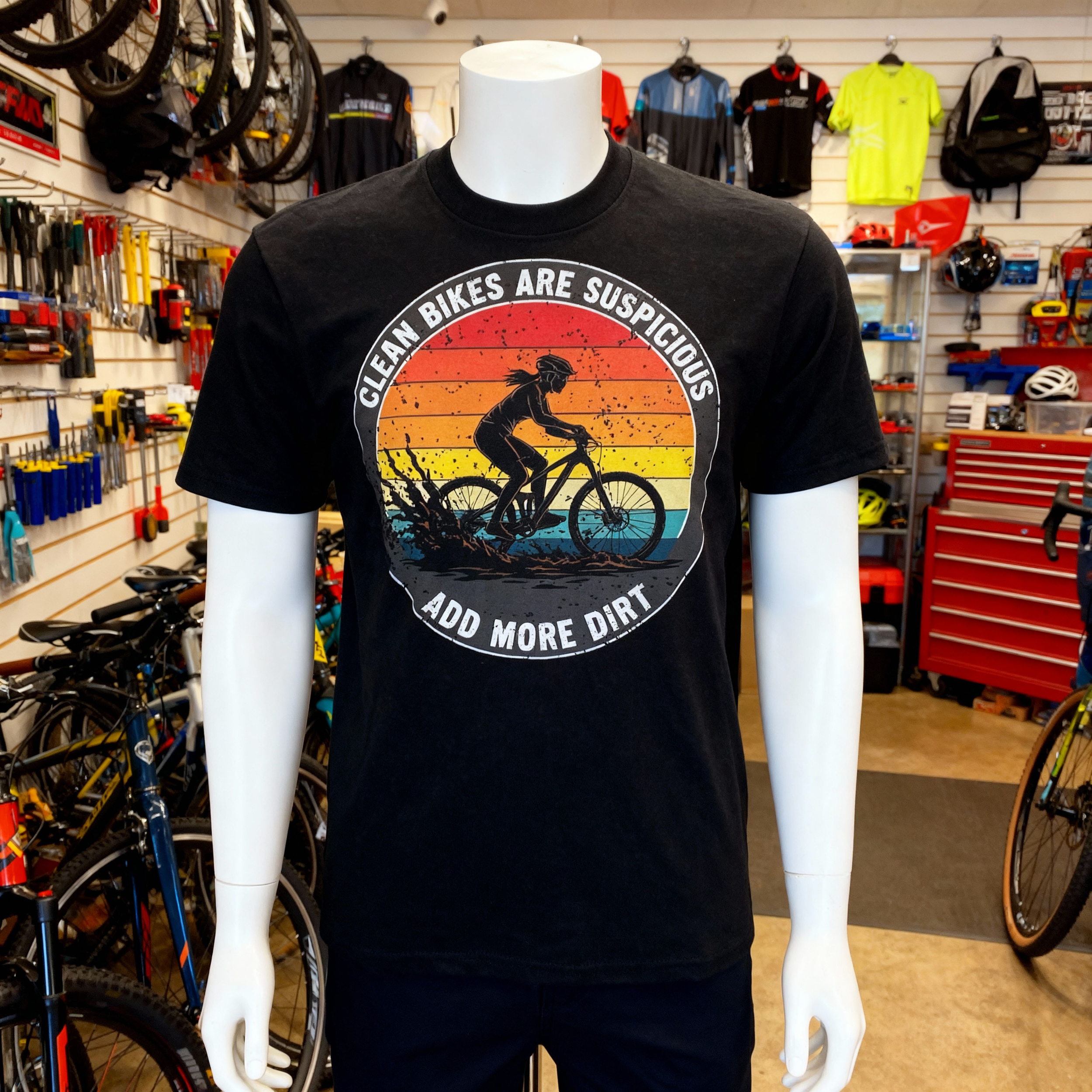 Mountain Biking Graphic T-Shirt Clean Bikes Are Suspicious