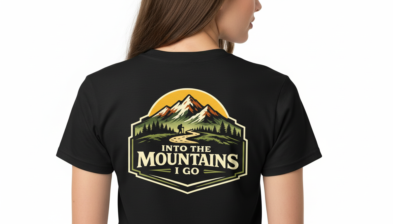 Black t-shirt with 'Into the Mountains I Go' design on the back, worn by a person.