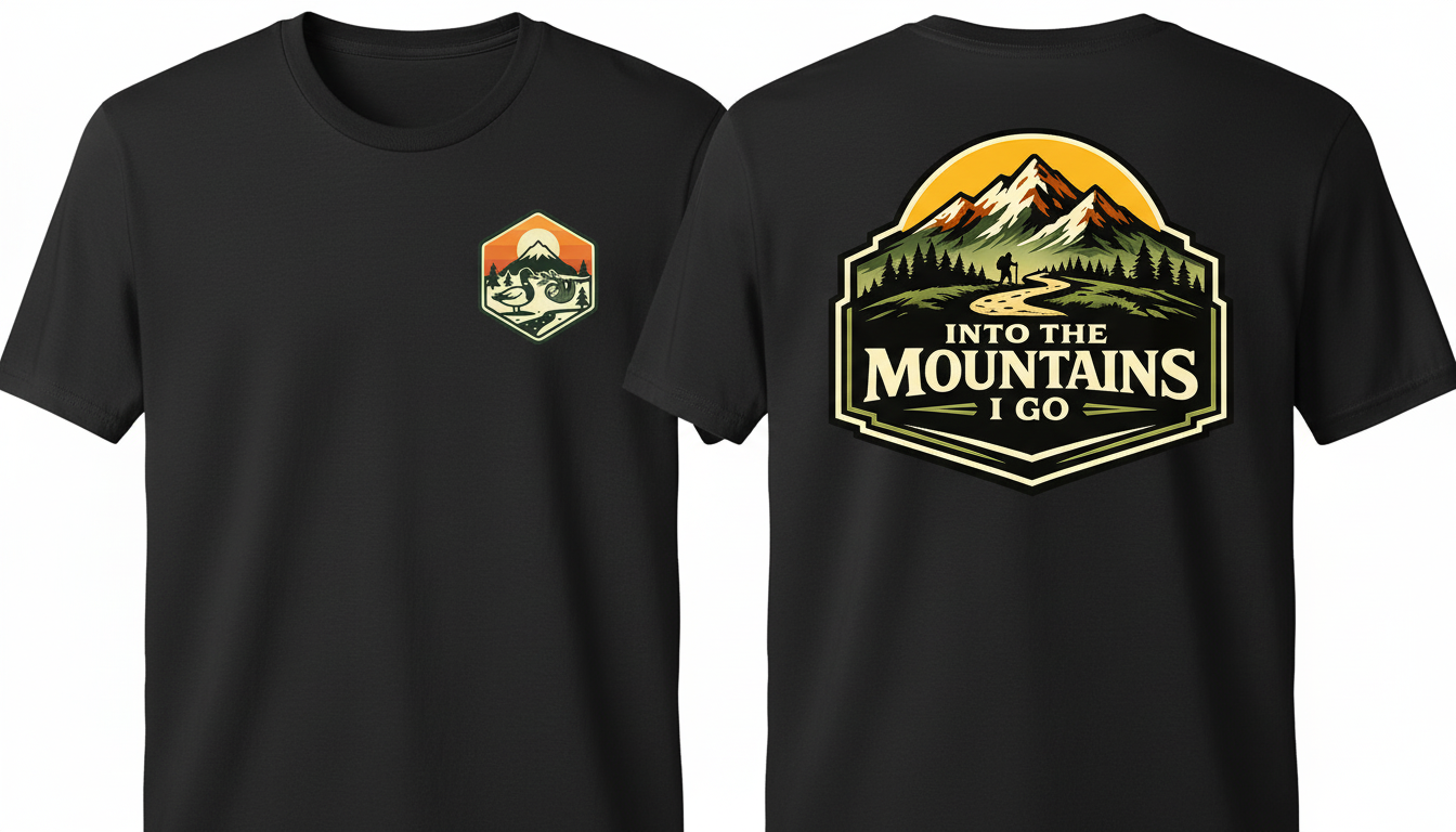 Black t-shirt with mountain-themed graphics on front and back