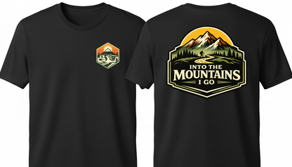Black t-shirt with mountain-themed graphics on front and back