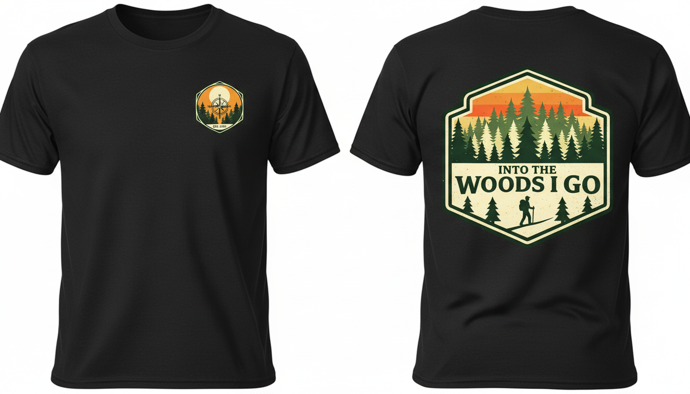 Black t-shirt with nature-themed graphic design on a white background