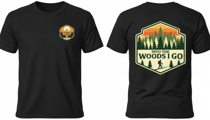 Black t-shirt with nature-themed graphic design on a white background