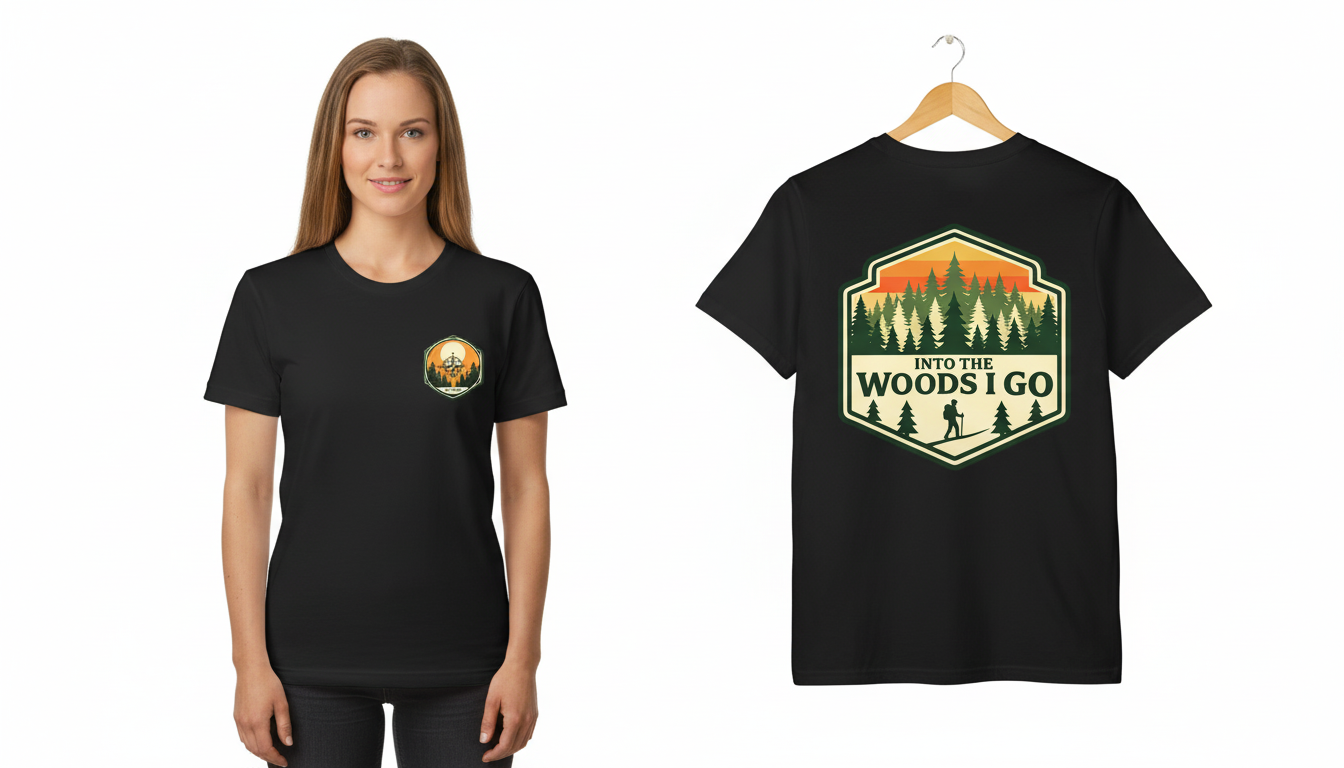 Black t-shirt with nature-themed design on a hanger, worn by a person.