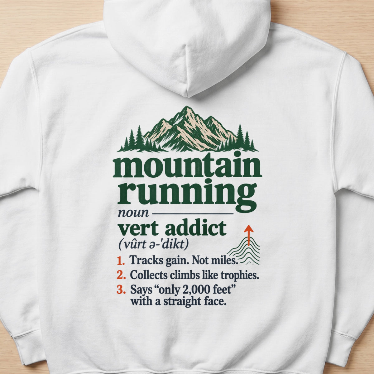 White hoodie with "Mountain Running" definition and illustration.