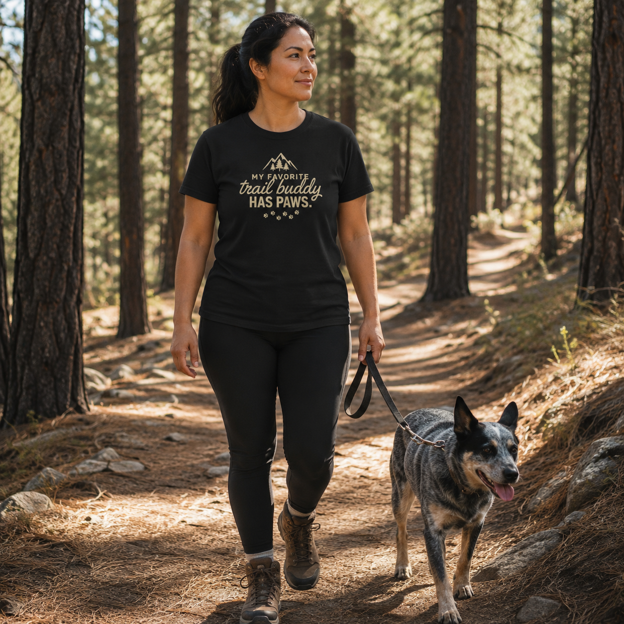Woman walking a dog on a forest trail wearing a black t-shirt that says "MY FAVORITE TRAIL BUDDY HAS PAWS."