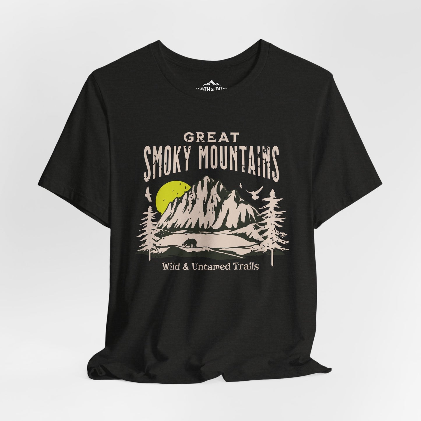 Black t-shirt with 'Great Smoky Mountains' graphic design on a white background
