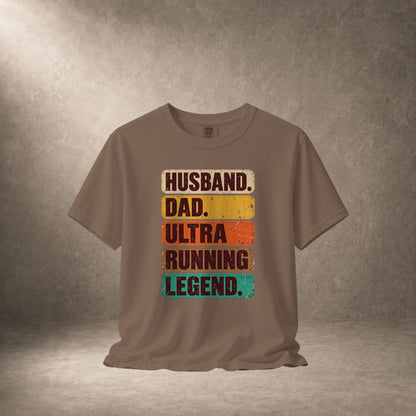 Brown t-shirt with text: Husband. Dad. Ultra Running Legend.