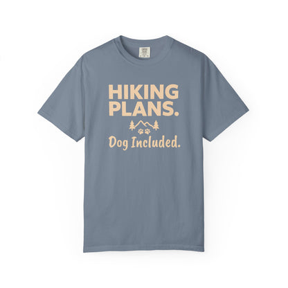 Blue t-shirt with "Hiking Plans. Dog Included." text and graphic.