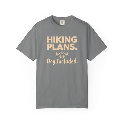 Grey t-shirt with "Hiking Plans. Dog Included." text and mountain/paw print graphic.