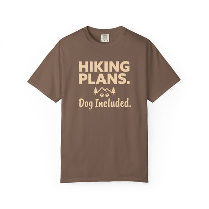 Brown t-shirt with "Hiking Plans. Dog Included." text and graphics.