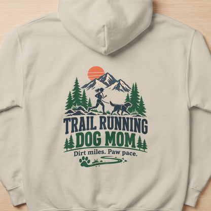Trail running dog mom graphic with mountains, trees, and sun.