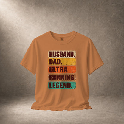 Orange t-shirt with "Husband. Dad. Ultra Running Legend." text in vintage style.