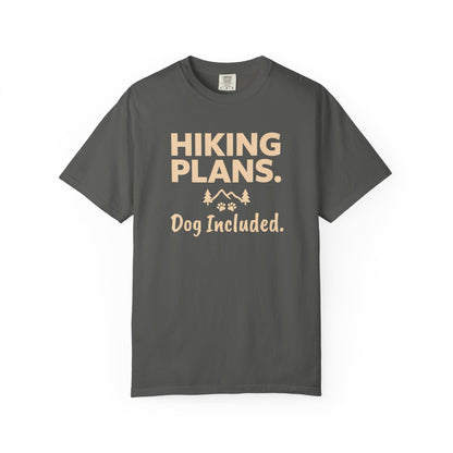 Dark gray t-shirt with "Hiking Plans. Dog Included." text and paw prints.