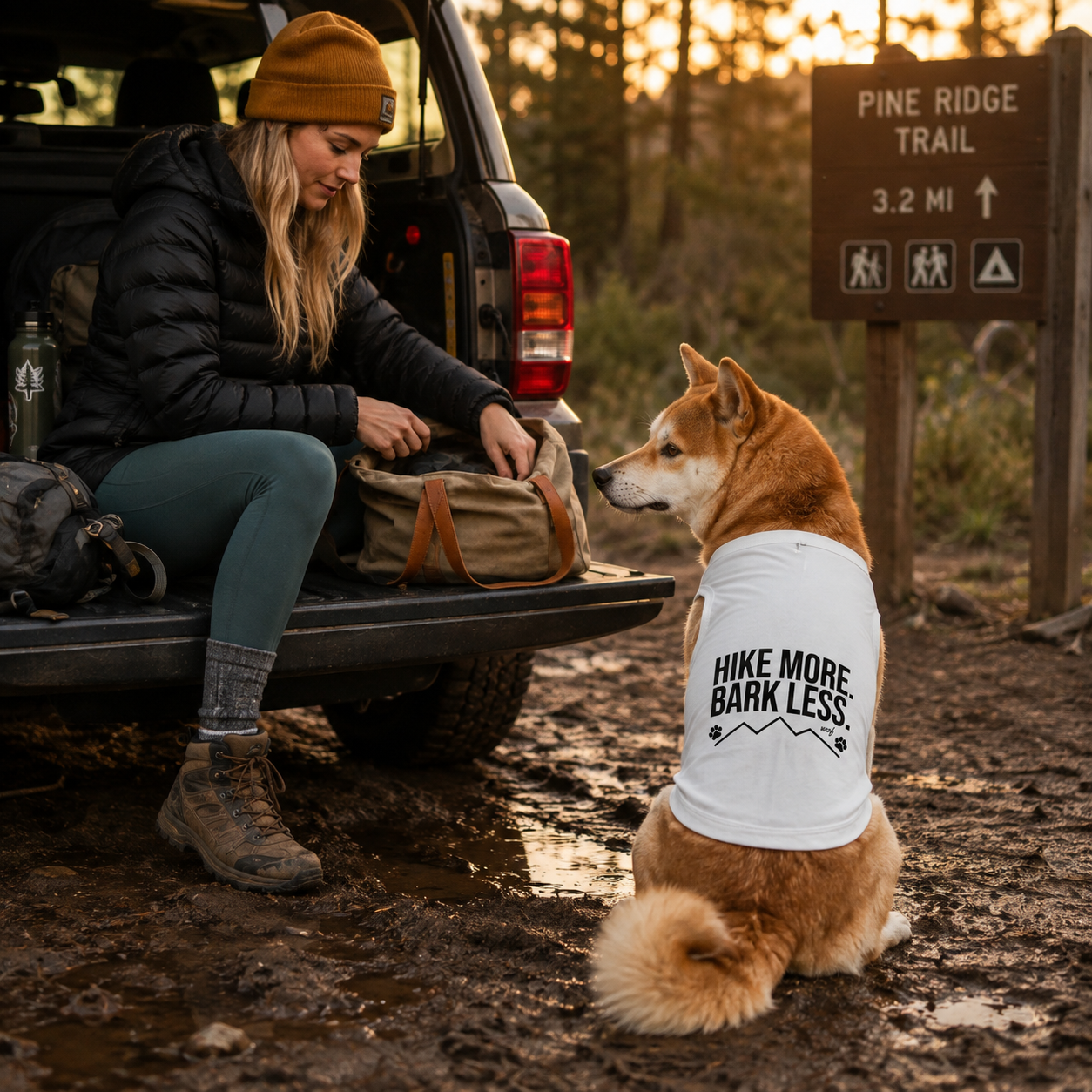 Shiba Inu dog wearing "HIKE MORE BARK LESS" shirt near trail sign.