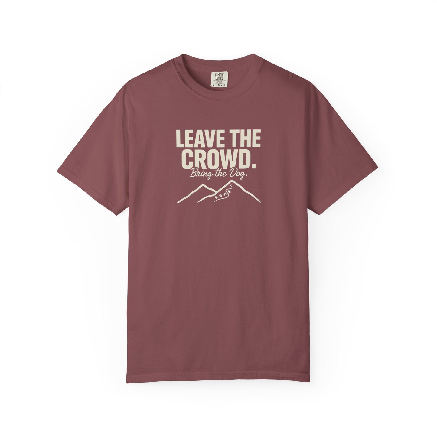 Brown t-shirt with text "Leave the Crowd. Bring the Dog." and paw prints on mountains.