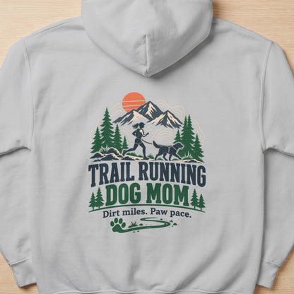 Trail running dog mom graphic with mountains, trees, and text.