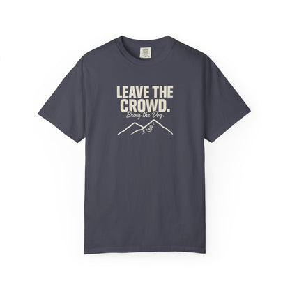 Dark grey t-shirt with "Leave the Crowd. Bring the Dog." and mountain graphic.