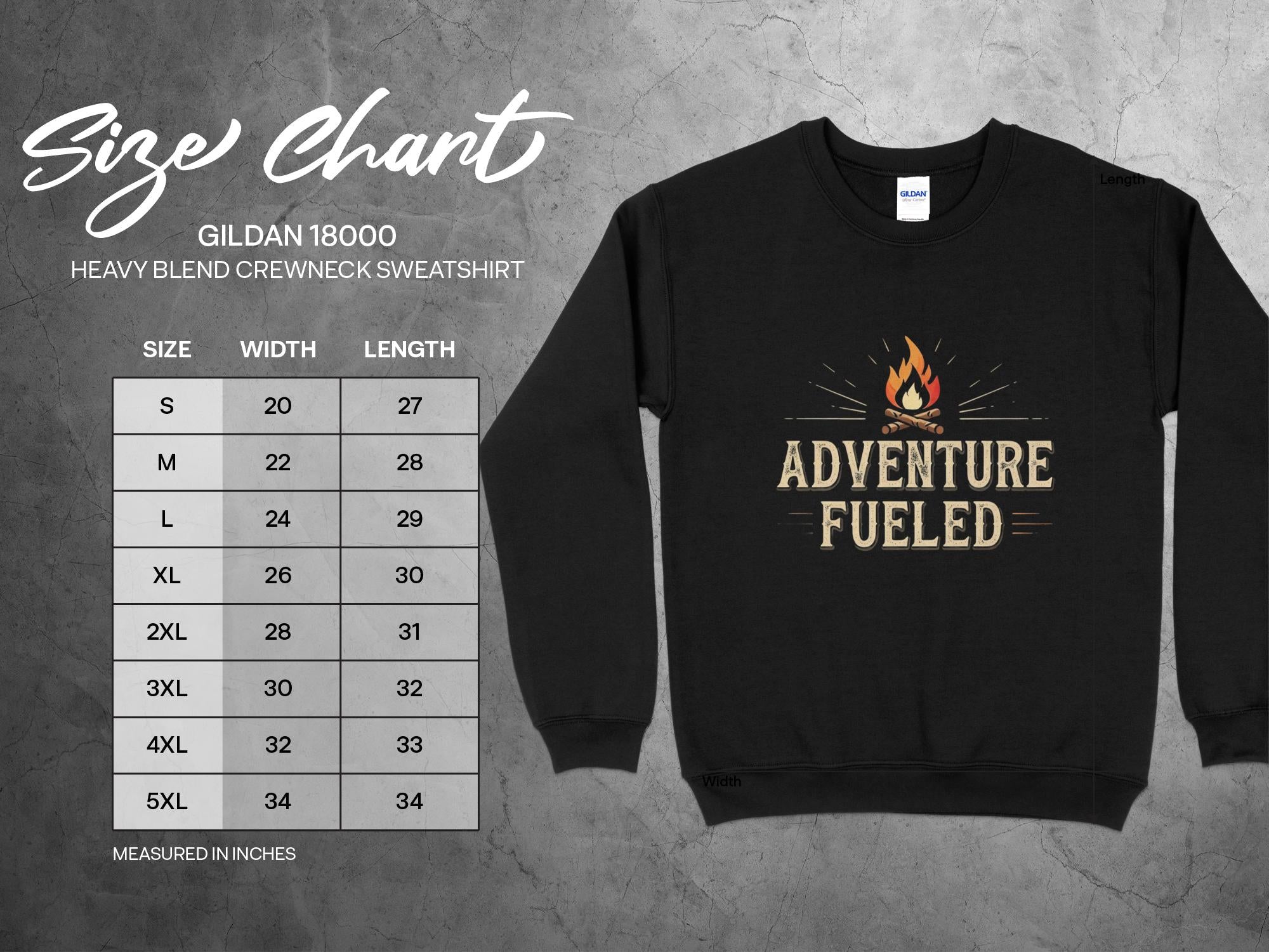Adventure Fueled Crewneck Sweater Size Chart