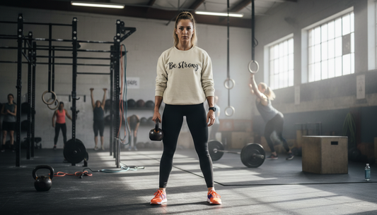 Woman in a gym wearing a 'Be Strong' sweatshirt with other gym-goers in the background.