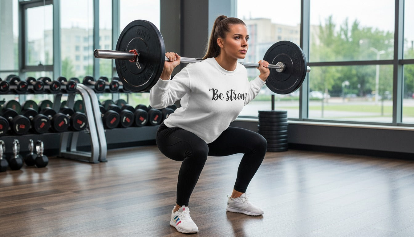 Woman performing squats with a barbell in a gym setting