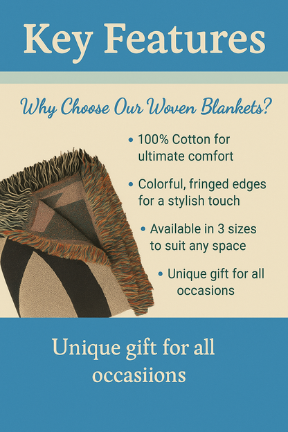 Woven blanket with fringed edges on a beige background, featuring key features of the product.