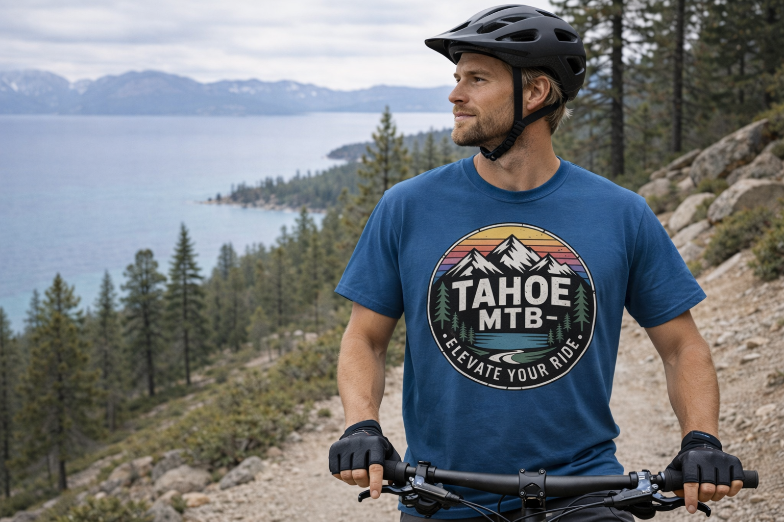 Man wearing a blue 'Tahoe MTB' t-shirt with a mountain design, standing on a trail with a scenic background.