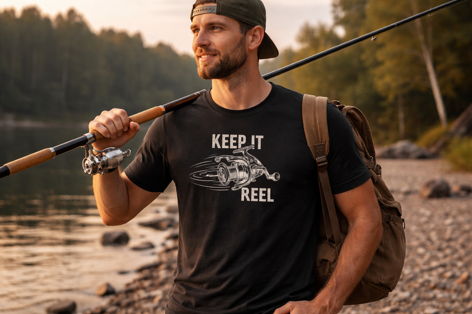 Man holding a fishing rod by a lake, wearing a t-shirt with a graphic design.