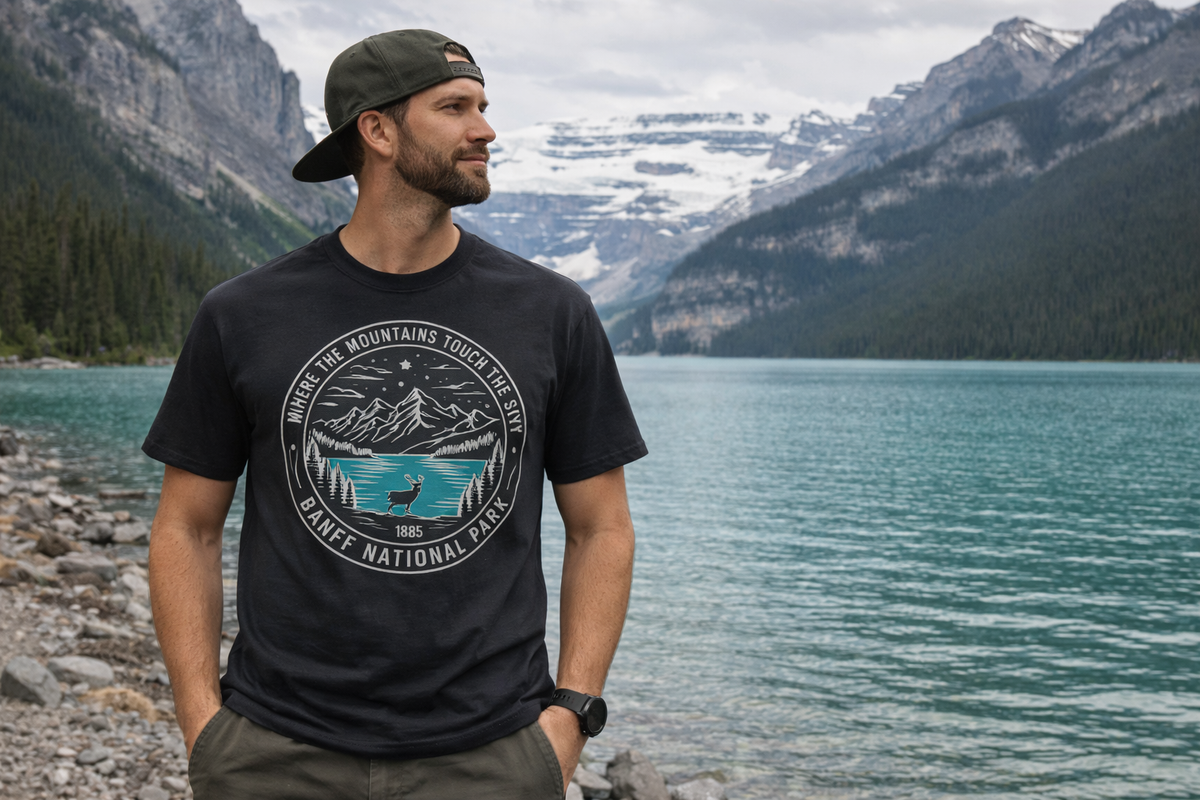 Man wearing a black t-shirt with a mountain design by a lake and mountains
